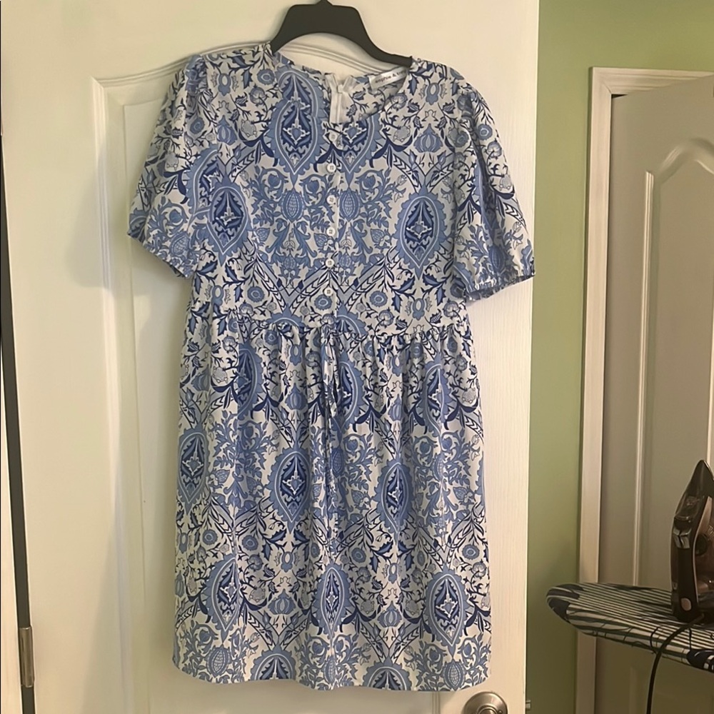 Blue and White Puff Sleeve Mini Sundress